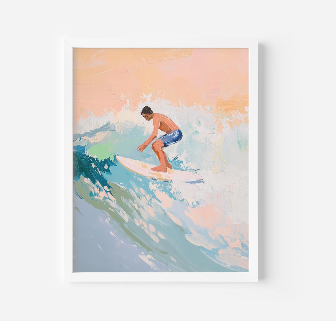 Surfer Riding Turquoise Wave Pastel Sunset Ocean Painting Poster