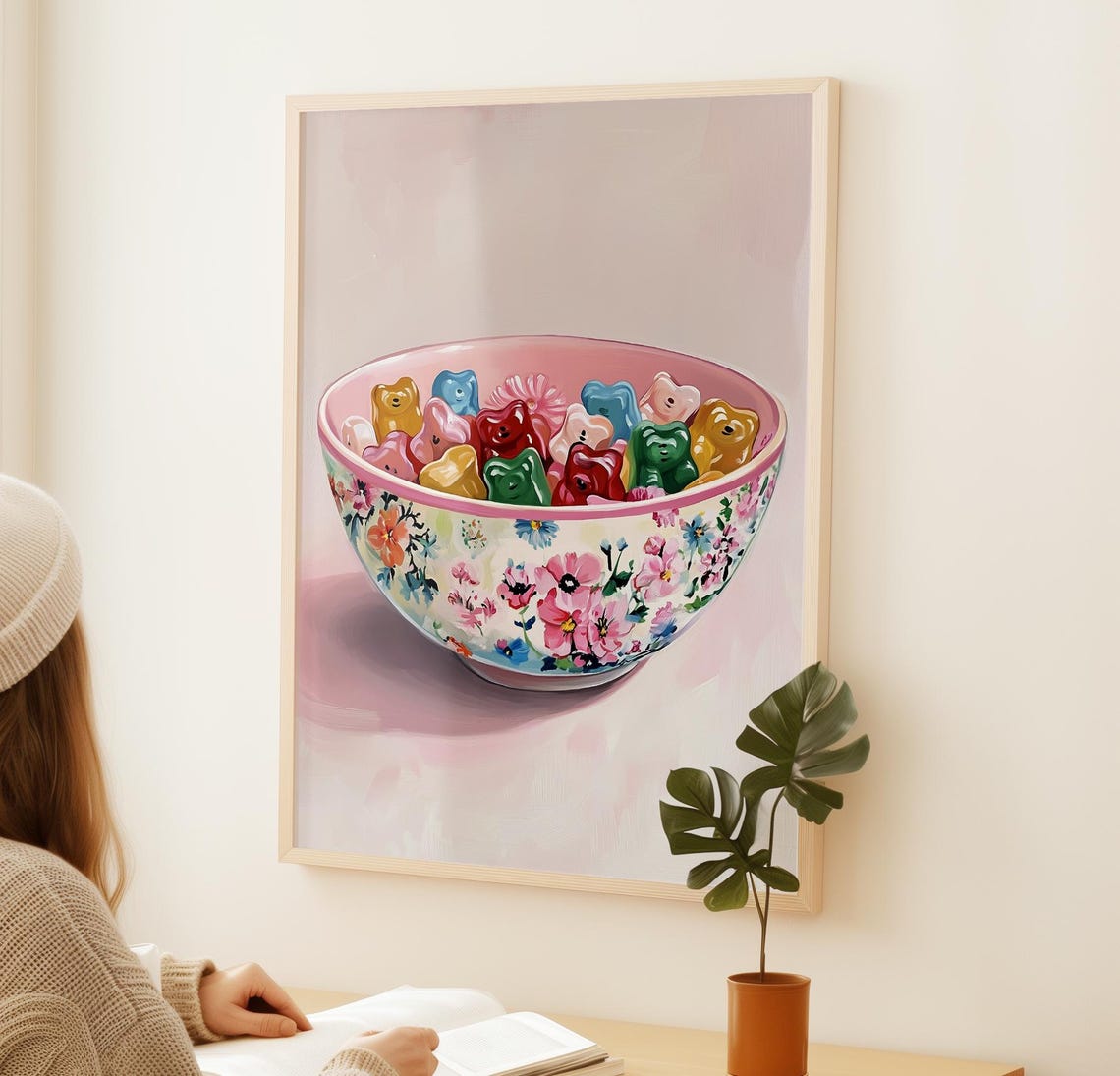 Gummy Bear Candy Bowl Floral Pattern Playful Pink Dessert Wall Poster - Image 2