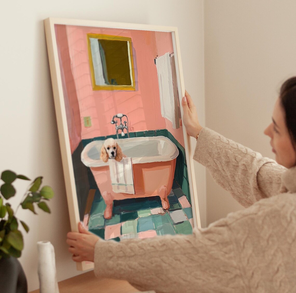 Toy Poodle in Bathtub, Pink Bathroom Dog Art Print - Image 4