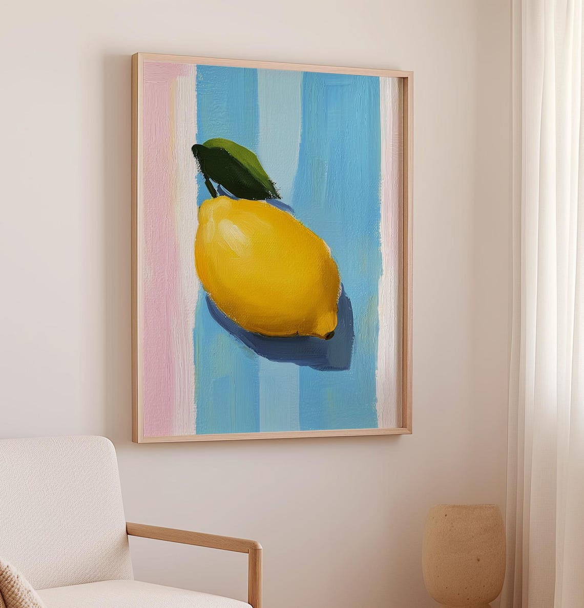 Fresh Lemon On Blue Stripes Modern Citrus Still Life Kitchen Poster - Image 2