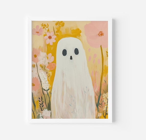 Pastel Ghost Art Print Floral Fall Ghost Wall Art Autumn Home Decor Whimsical Halloween Poster Cute Seasonal Print Fall Aesthetic Print