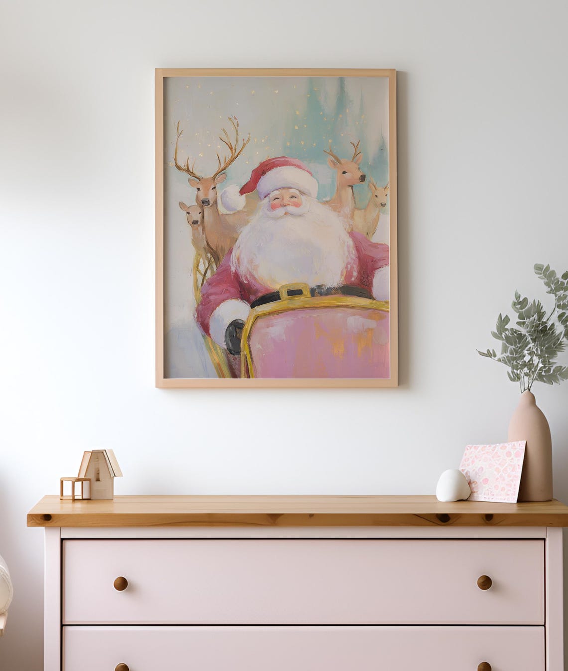 Santa Claus Pink Sleigh Reindeer Pastel Magical Christmas Poster - Image 2