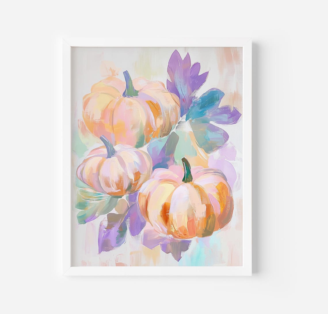 Three Pumpkins With Purple Leaves Pastel Fall Watercolor Poster