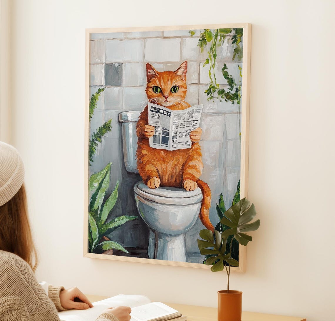 Funny Orange Cat Reading Newspaper On Toilet Bathroom Art Poster - Image 2