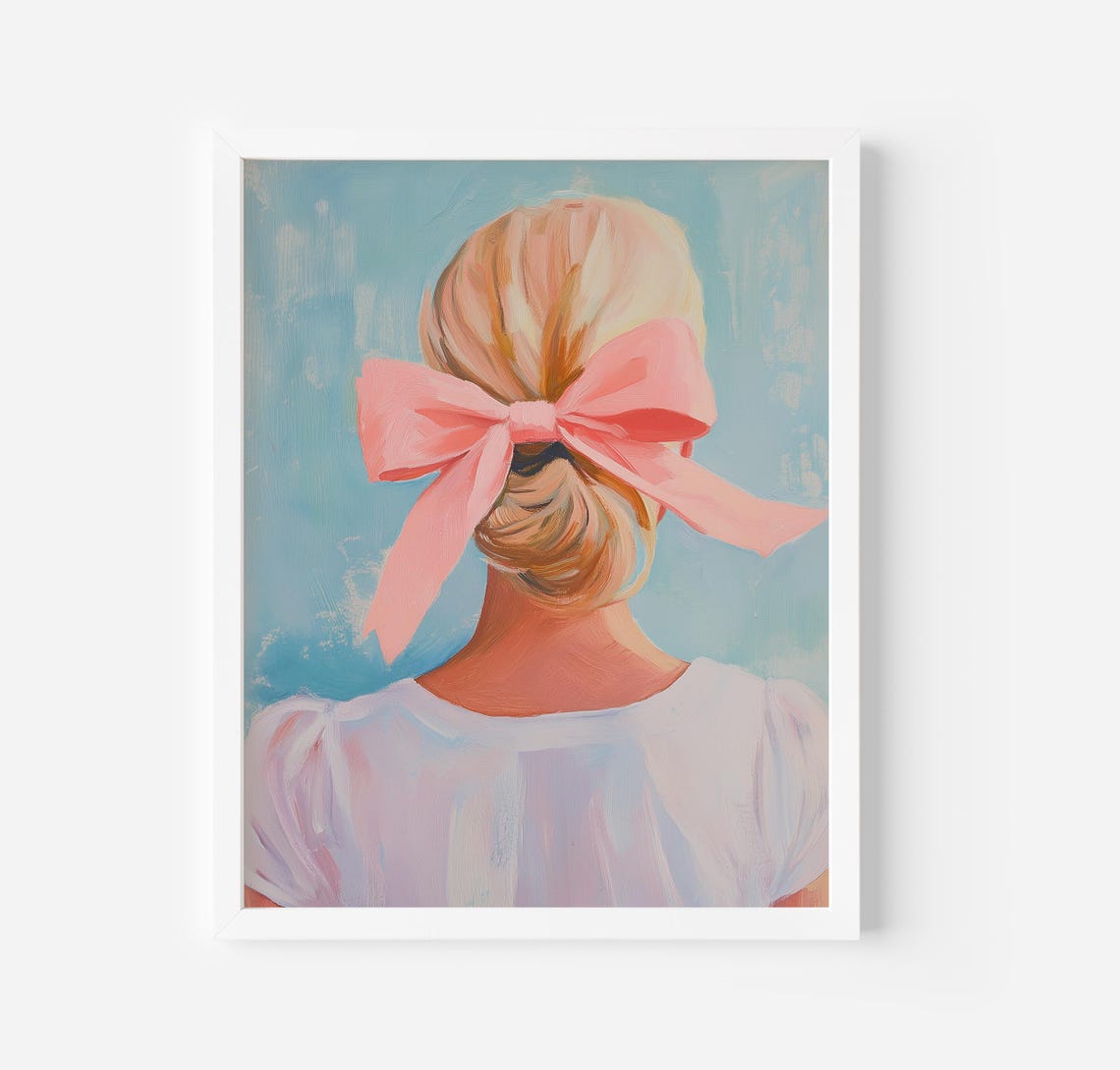 Blonde Girl Painting Pastel Wall Art Print Pink Girly Room Decor Coquette Art Print Girl Pink Bow Art Aesthetic Print