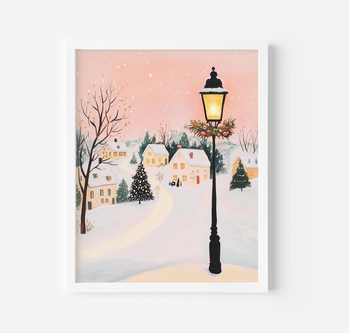 Magical Pink Christmas Village Snowy Night Lamppost Holiday Poster