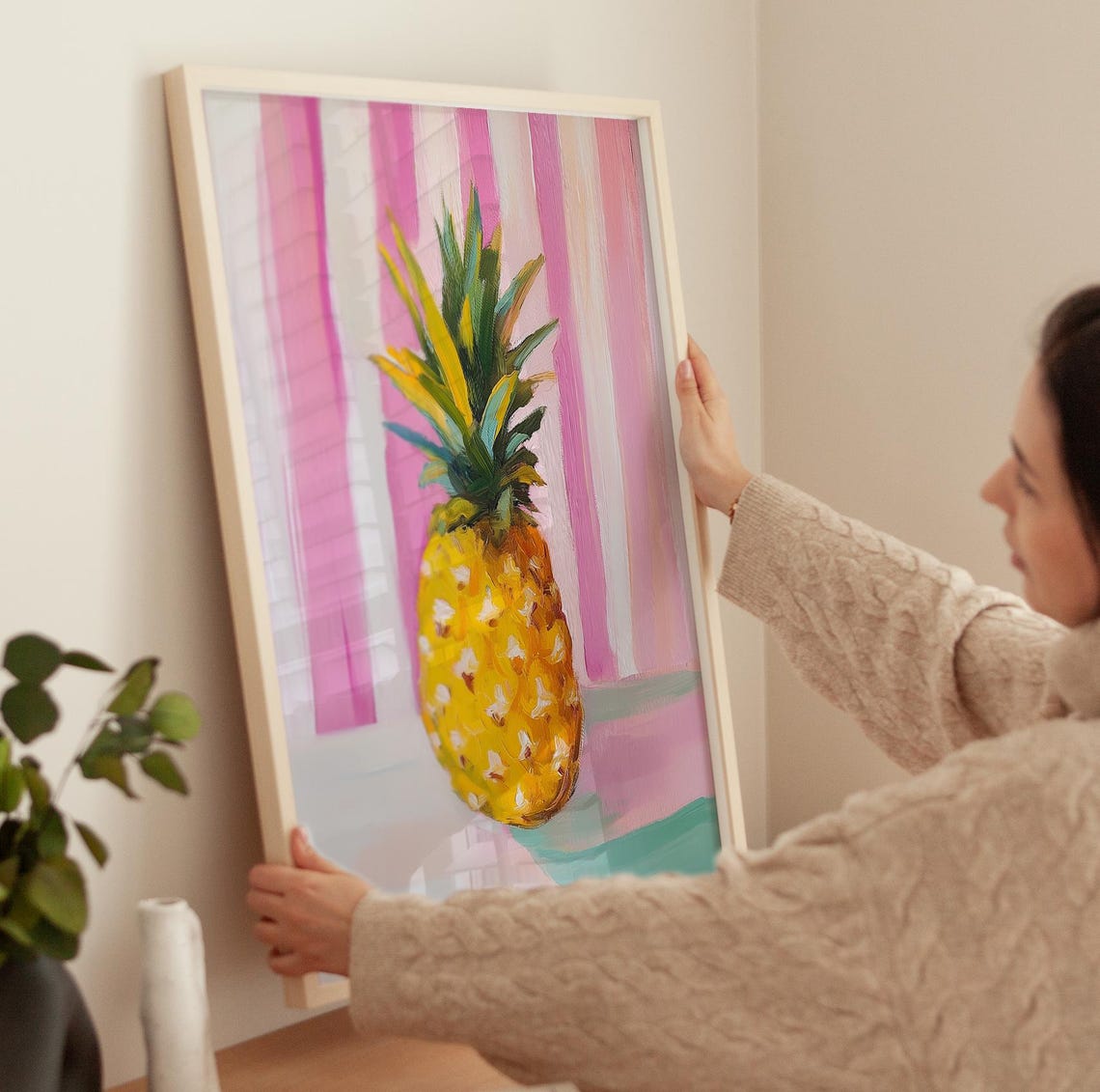Golden Pineapple On Pink Striped Background Tropical Art Poster - Image 3