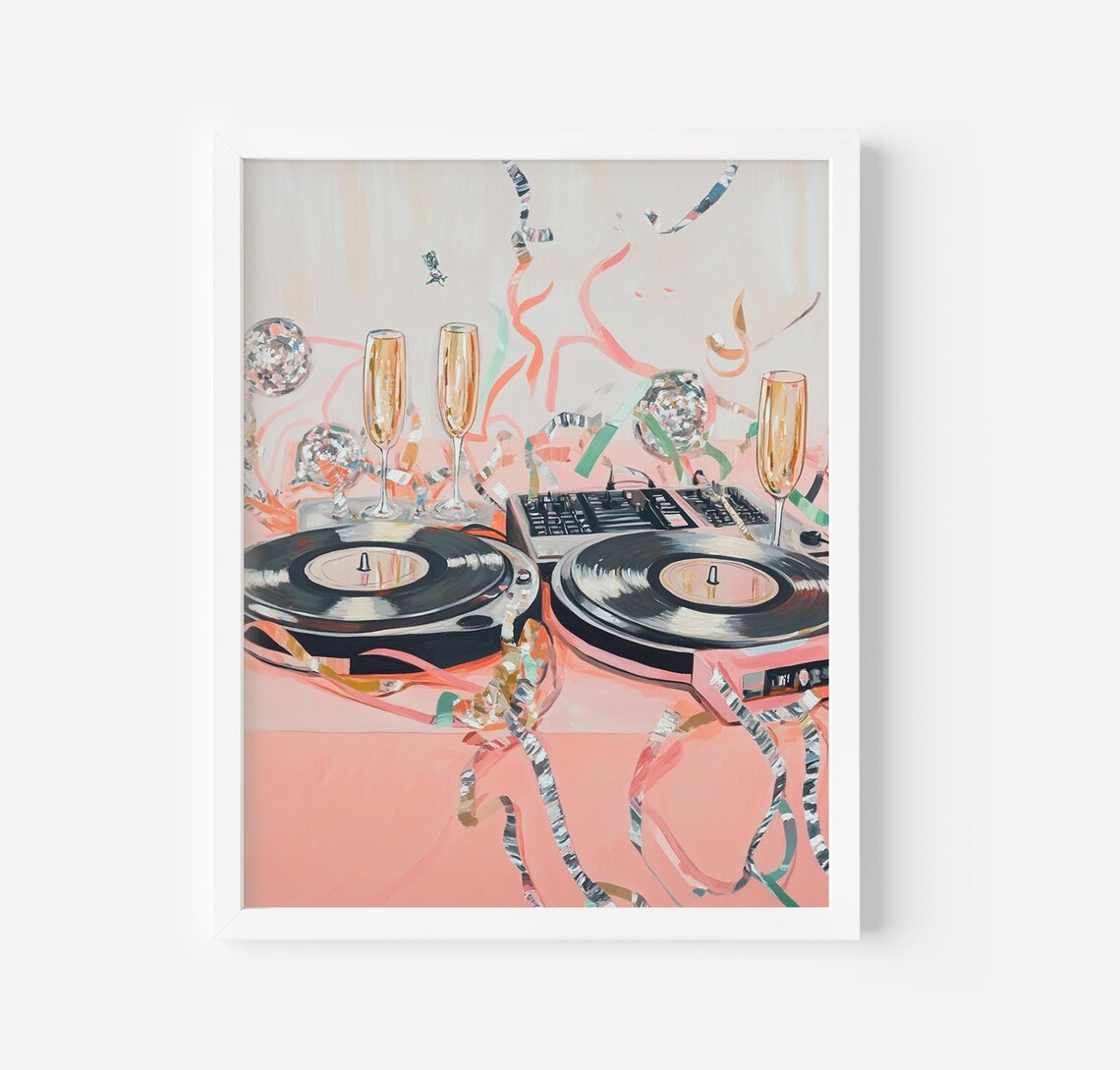 Cheers Vinyl Records DJ Turntables Champagne Confetti Party Wall Poster - Image 4