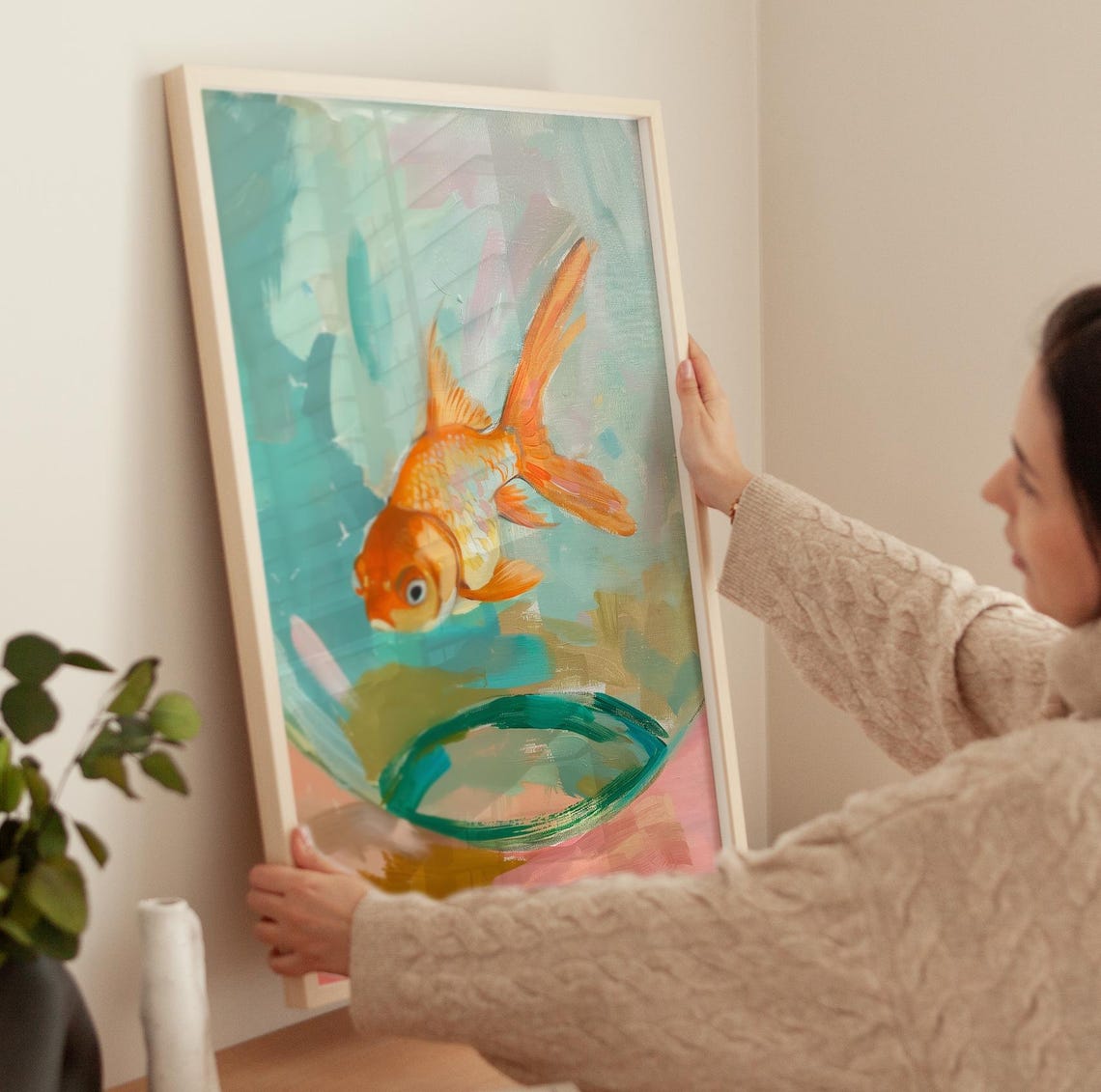 Charming Retro Goldfish In Fishbowl Pastel Trendy Fish Art Poster - Image 3