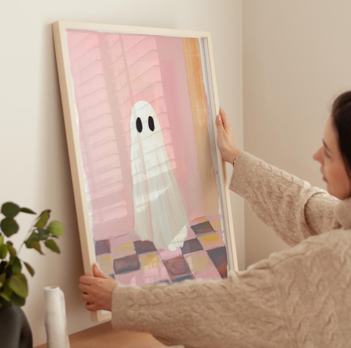 Cute Sheet Ghost On Pink Checkered Floor Soft Halloween Poster - Image 3