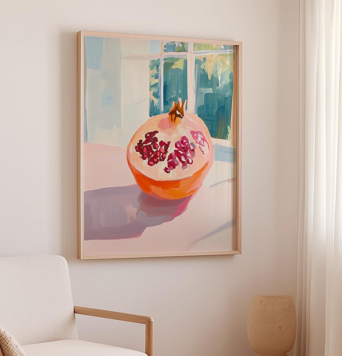 Sliced Pomegranate on Sunlit Windowsill Ruby Seeds Still Life Poster - Image 2