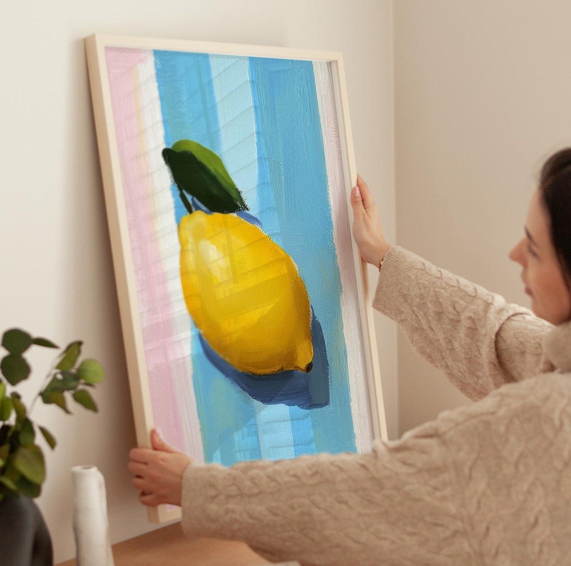 Fresh Lemon On Blue Stripes Modern Citrus Still Life Kitchen Poster - Image 3