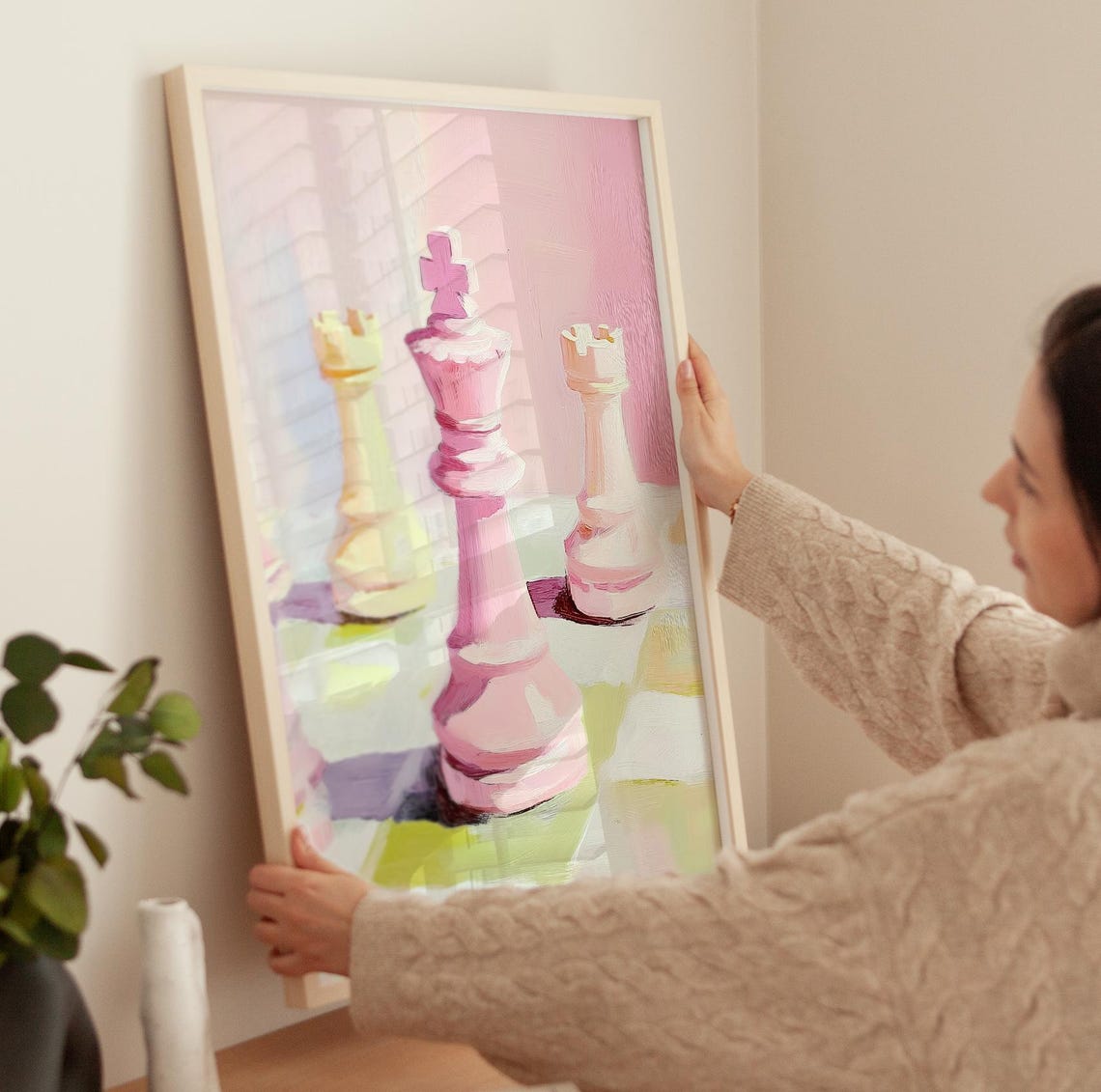 Pink King Chess Piece On Chessboard Pastel Strategy Game Art Poster - Image 3