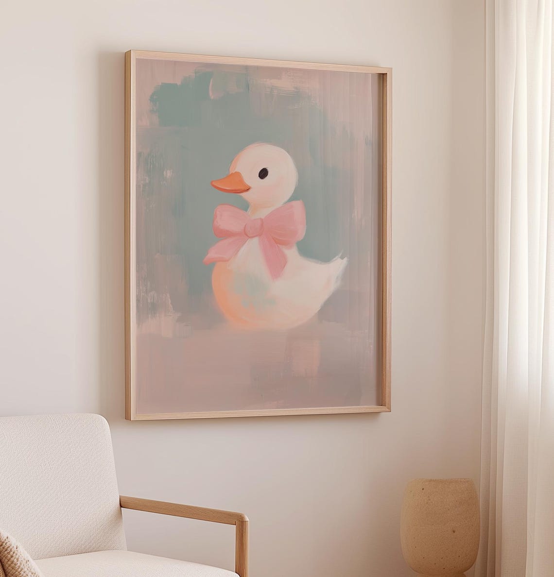 Baby Duck With Pink Bow Soft Pastel Nursery Painting Wall Art - Image 2