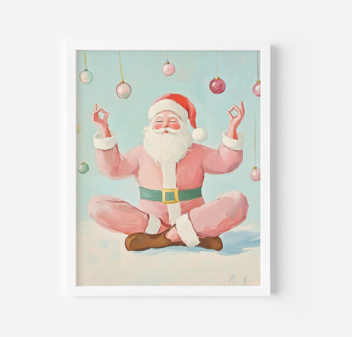 Pink Santa Claus Meditating Yoga Pose Zen Christmas Art Poster