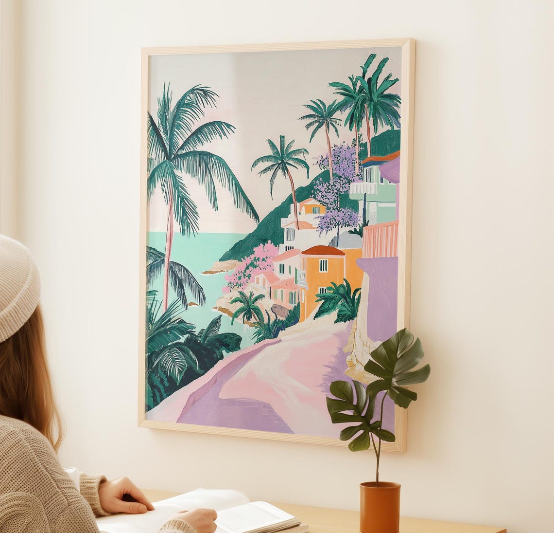 Mediterranean Coastal Village Pastel Palm Trees Seaside View Wall Art - Image 2