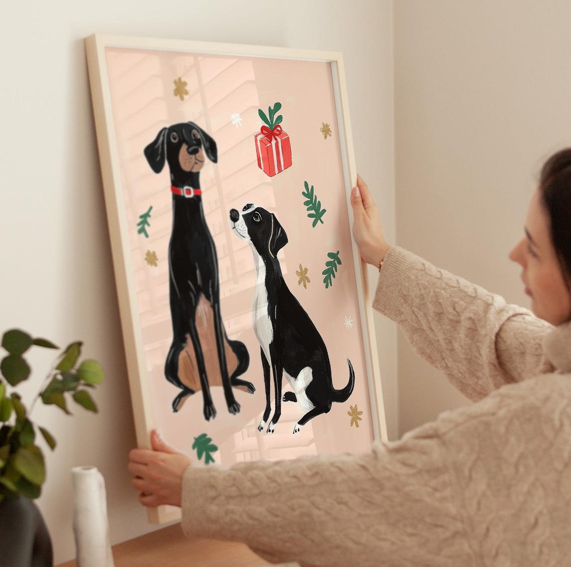 Two Black Dogs With Christmas Gift On Pink Background Art Poster - Image 3