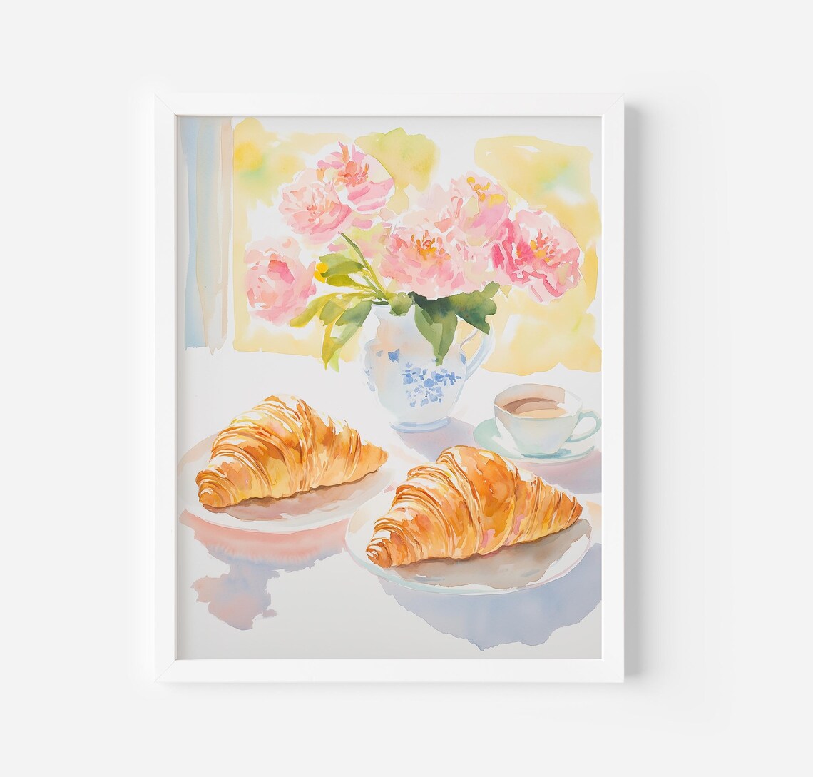 Croissants Coffee and Pink Peonies French Breakfast Watercolor Poster