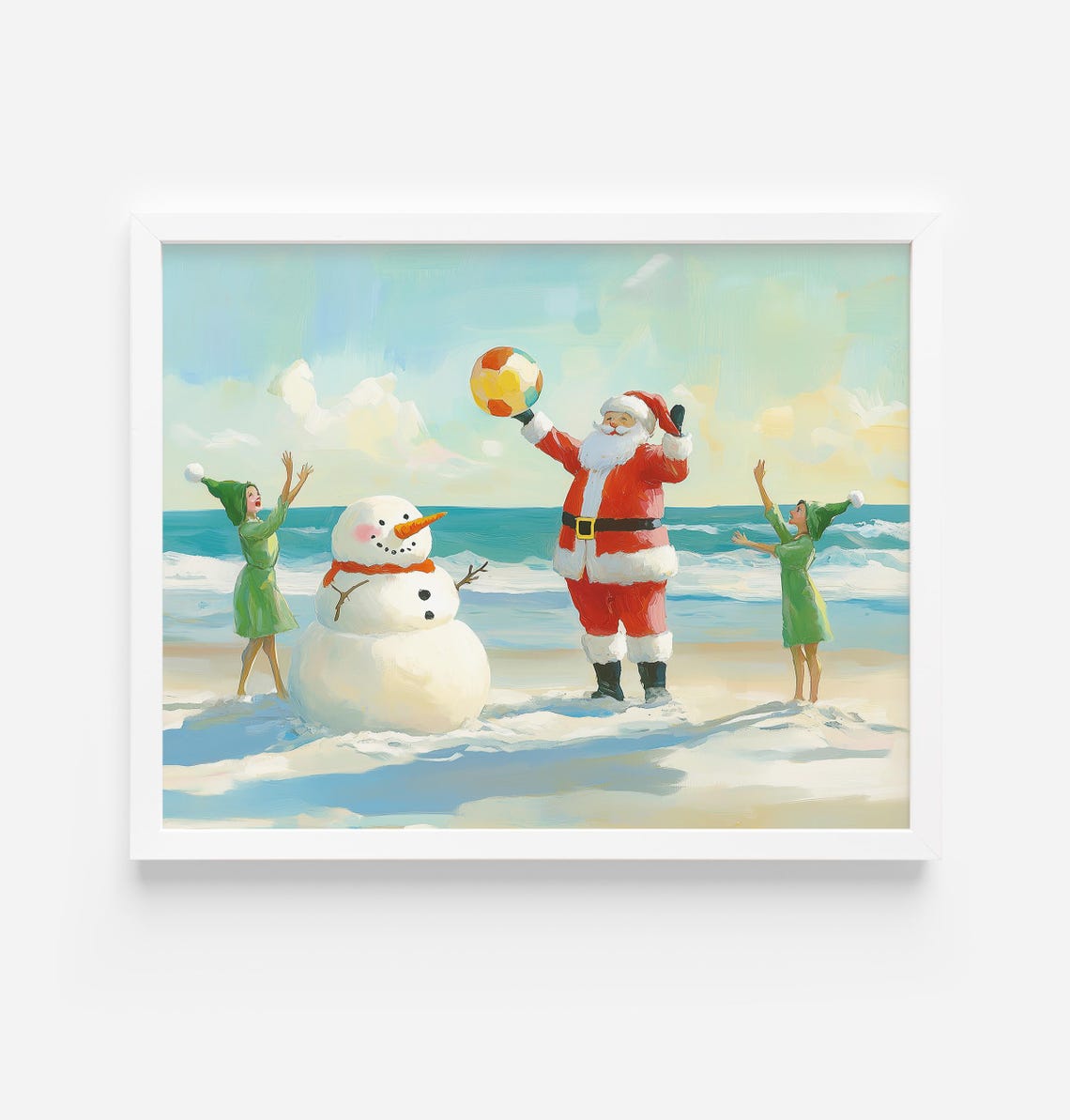 Santa Playing Beach Ball With Snowman Tropical Christmas Day Poster