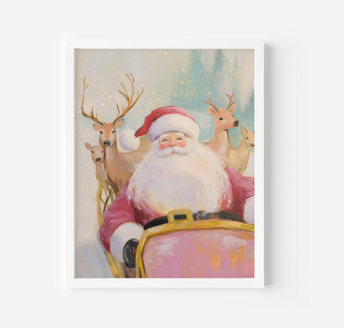 Santa Claus Pink Sleigh Reindeer Pastel Magical Christmas Poster