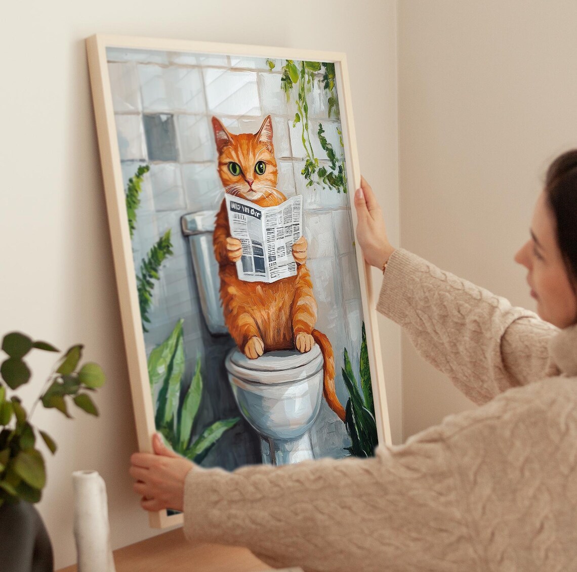 Funny Orange Cat Reading Newspaper On Toilet Bathroom Art Poster - Image 4
