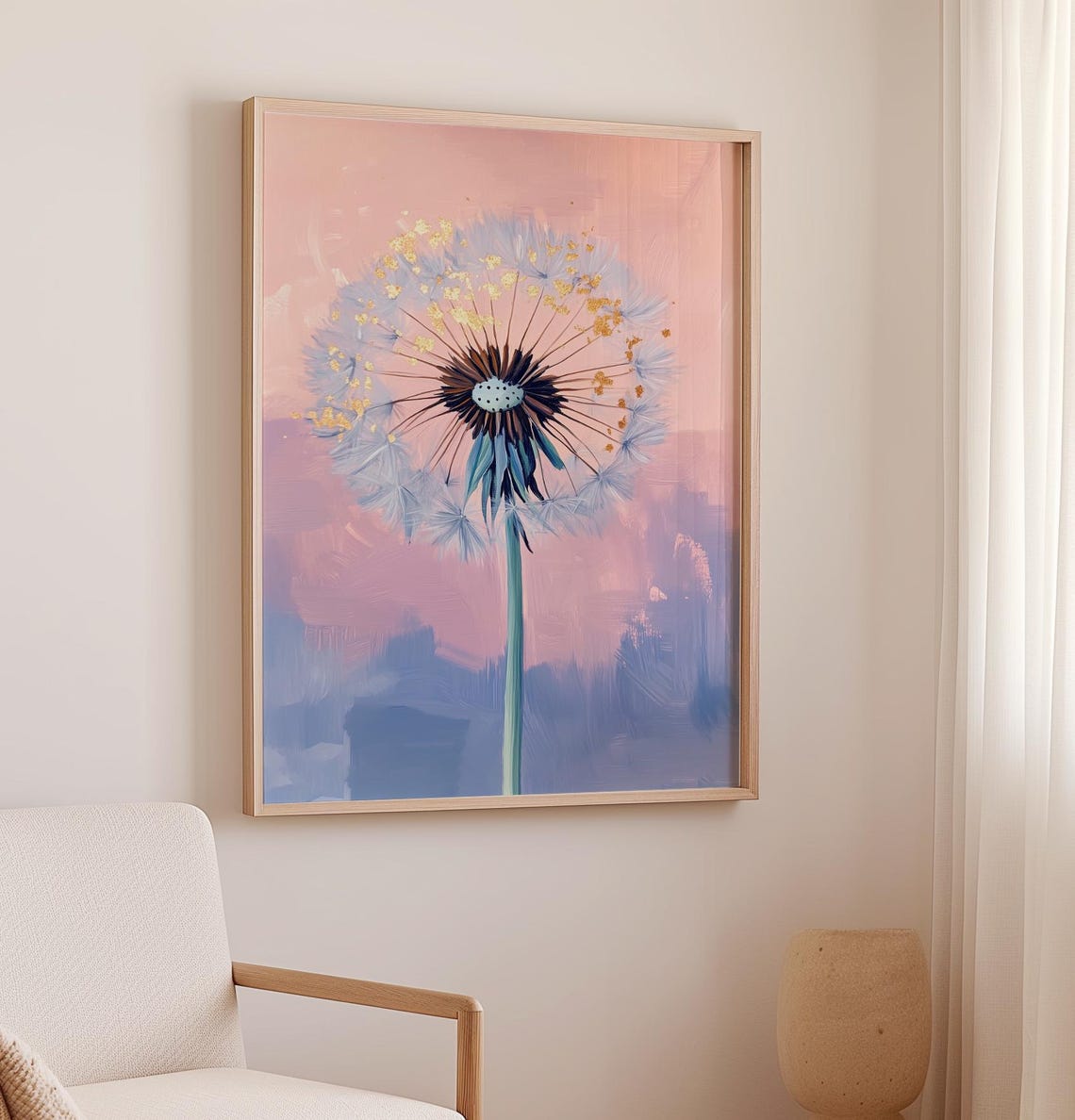 Dandelion Pastel Pink Floral Oil Painting With Gold Accents Poster - Image 2