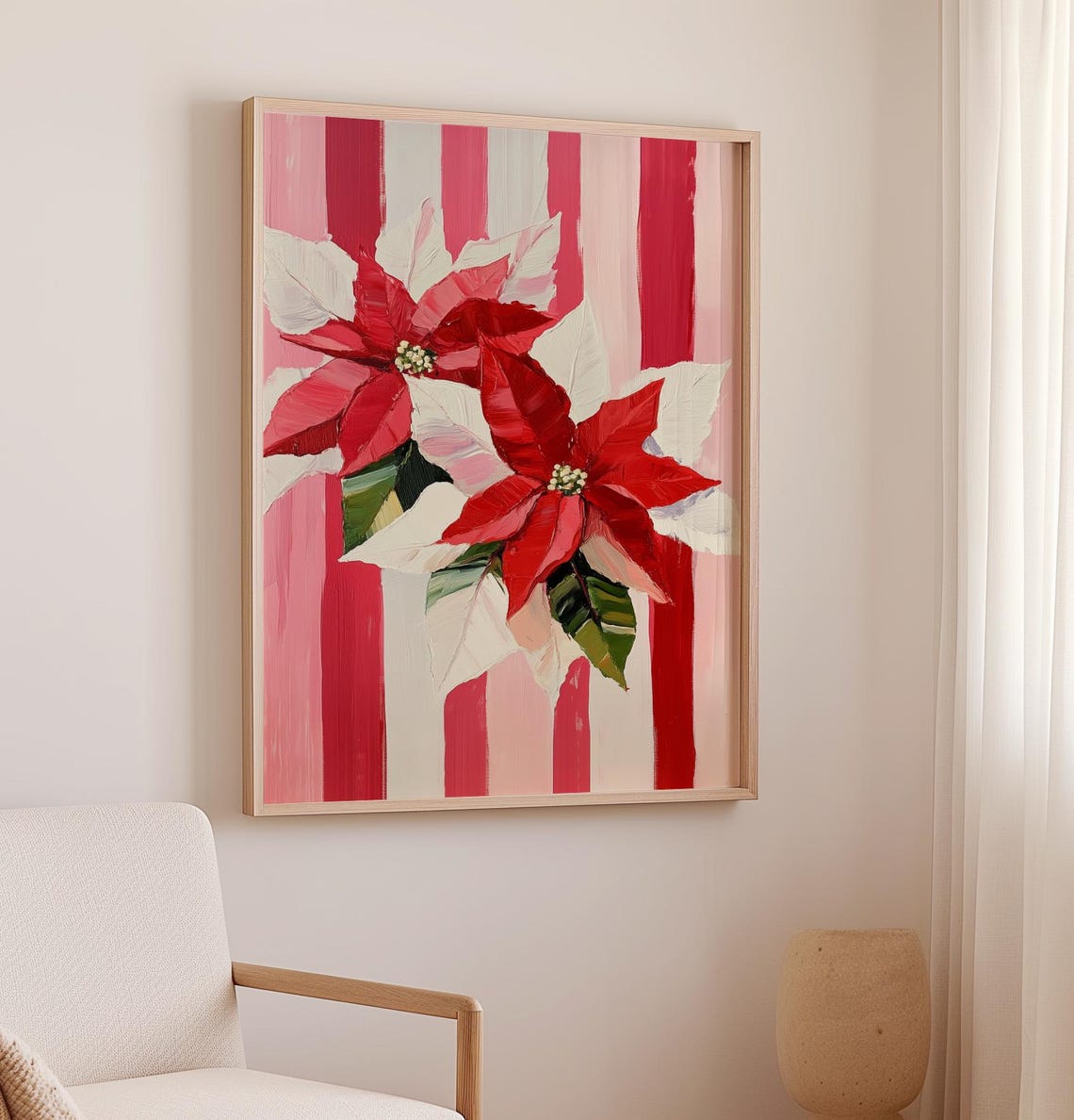 Vintage Floral Christmas Art Print Poinsettias Winter Red And Pink Flower Painting Festive Holiday Decor Seasonal Christmas Art - Image 2
