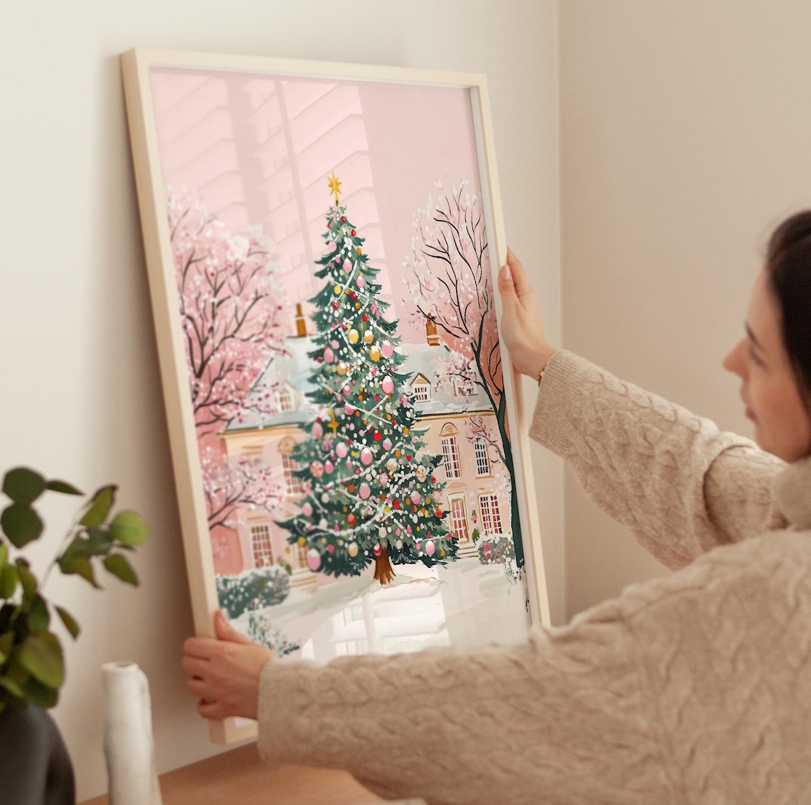 Pink Christmas Tree Art Print, Cute Christmas Decor