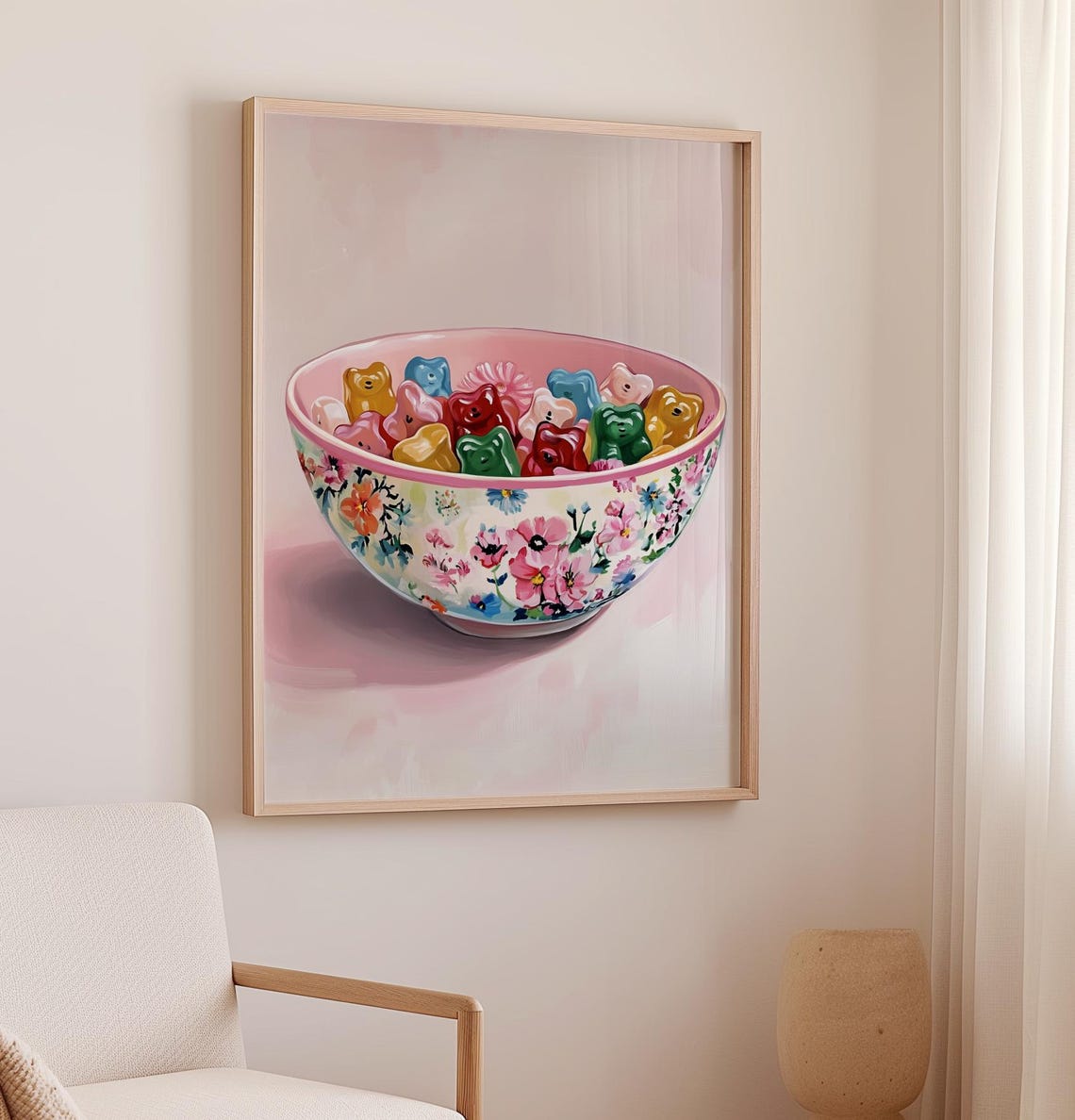 Gummy Bear Candy Bowl Floral Pattern Playful Pink Dessert Wall Poster - Image 3