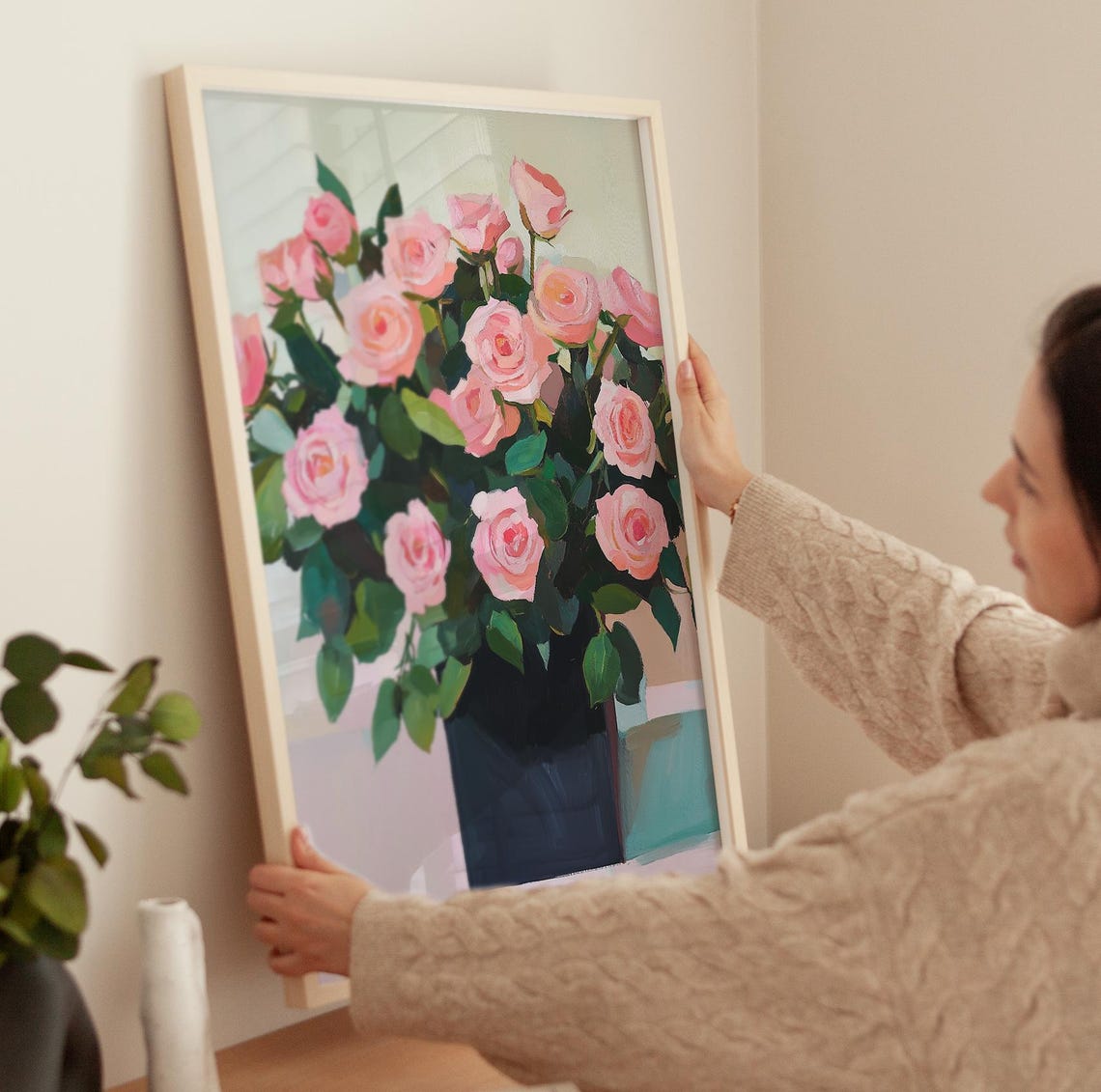 Blush Pink Roses Bouquet Floral Oil Painting Romantic Art Poster - Image 3