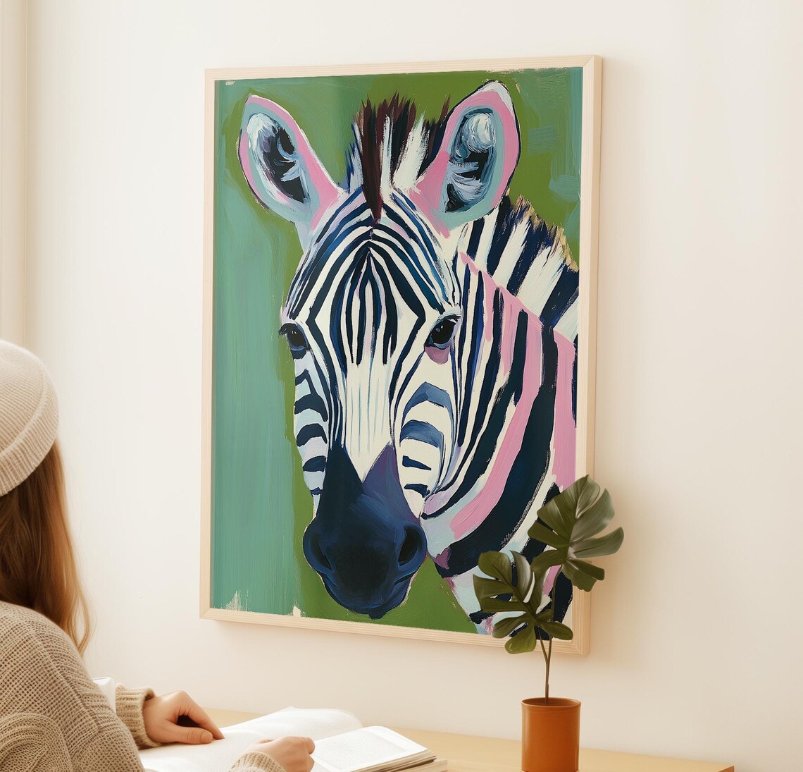 Bold Zebra Portrait Pink and Teal Accents Modern Playful Safari Wall Poster - Image 2