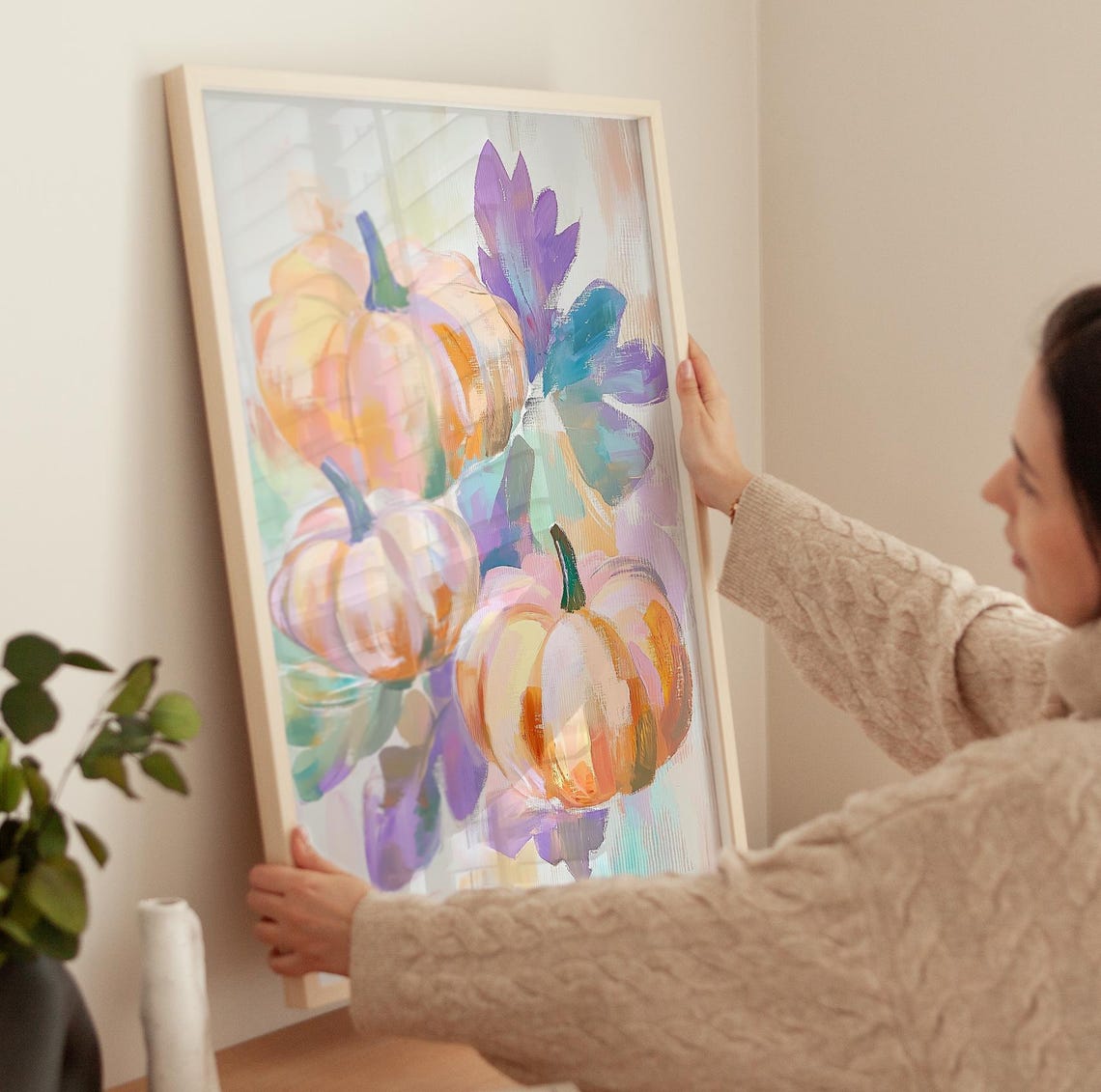 Three Pumpkins With Purple Leaves Pastel Fall Watercolor Poster - Image 3