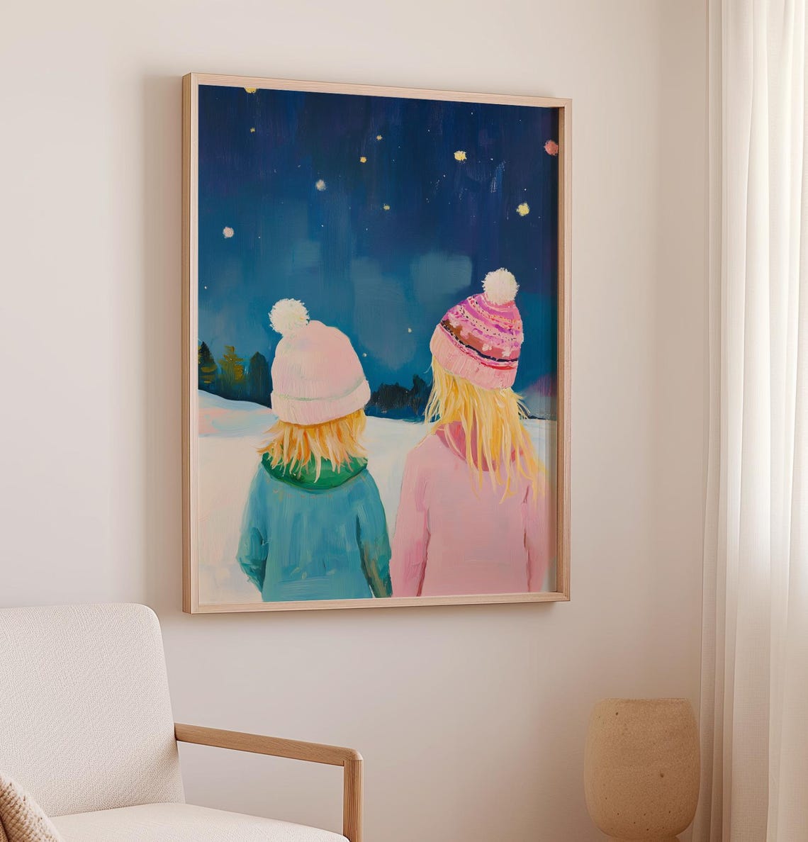Two Sisters Watching Snowy Night Sky Winter Sisters Painting Poster - Image 2