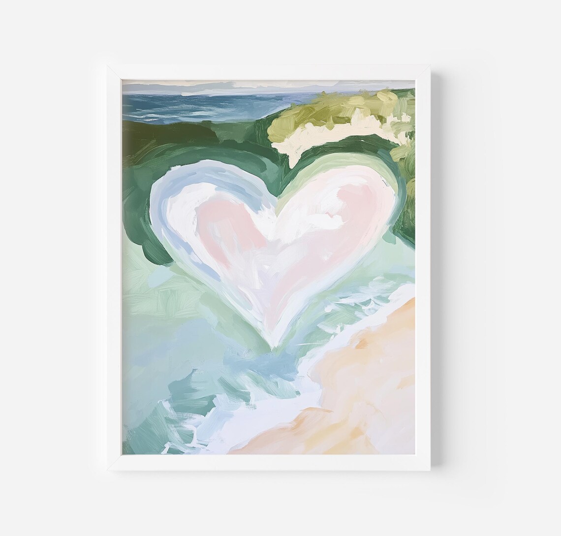 Heart-Shaped Beach Art Print, Tropical Coastal Island