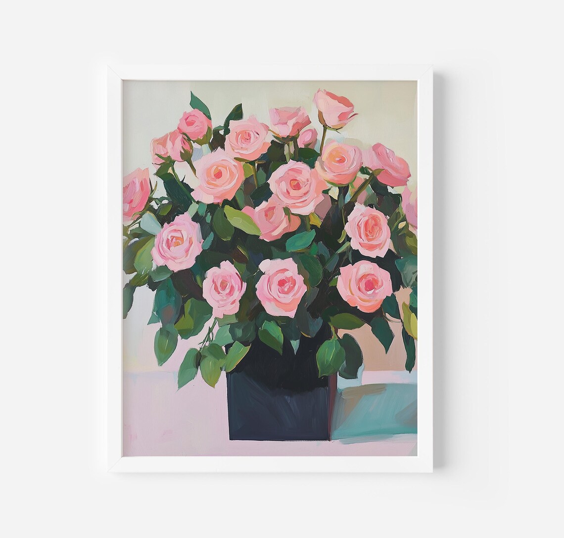 Blush Pink Roses Bouquet Floral Oil Painting Romantic Art Poster
