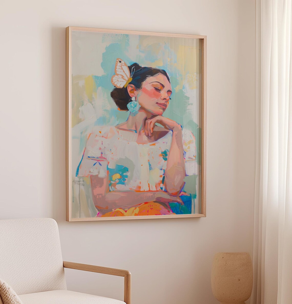 Dreamy Woman Portrait With Butterfly Soft Pastel Floral Art Poster - Image 2