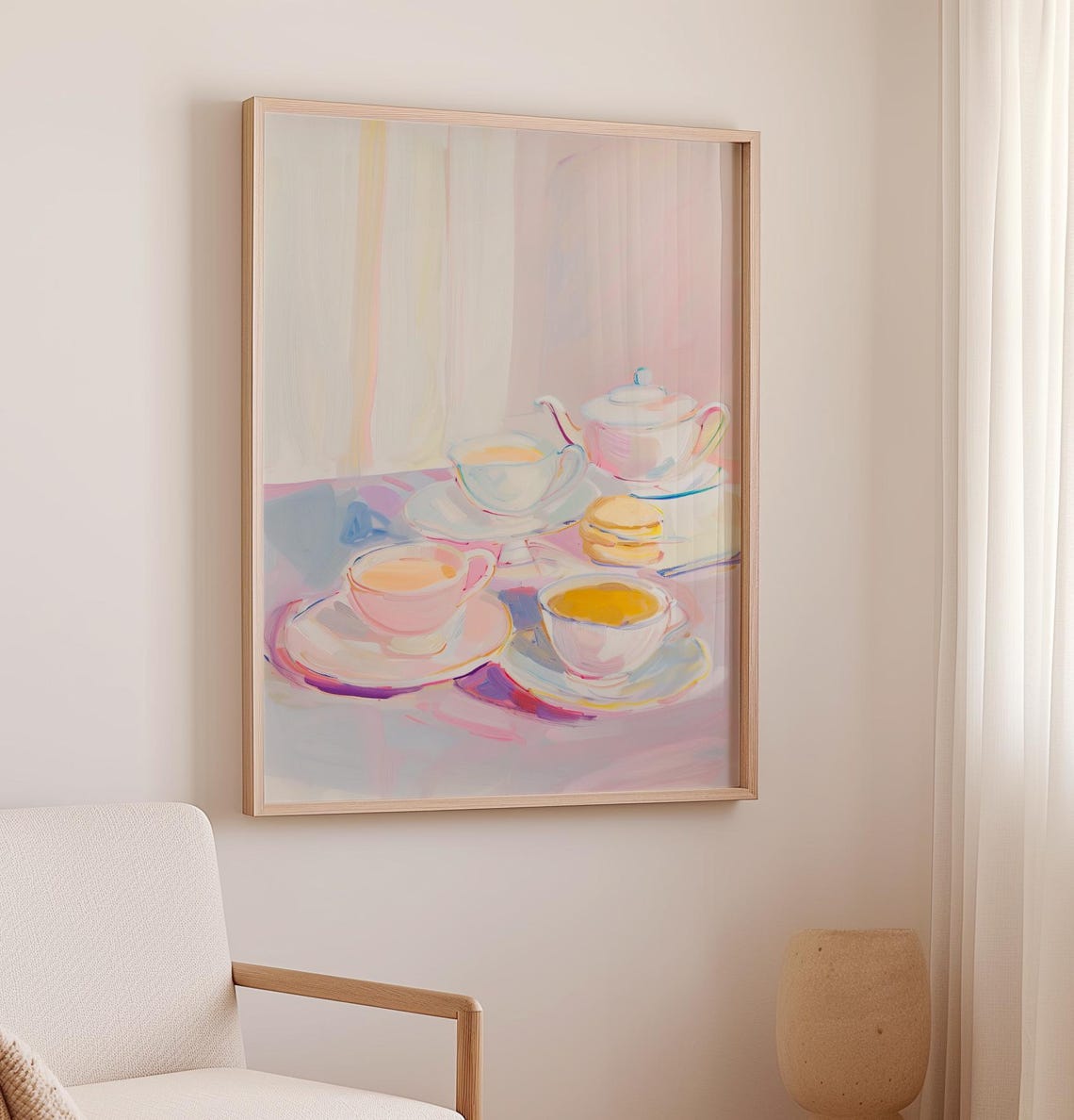 Pastel Tea Set Still Life Painting Soft Teapot Cups Kitchen Poster - Image 2