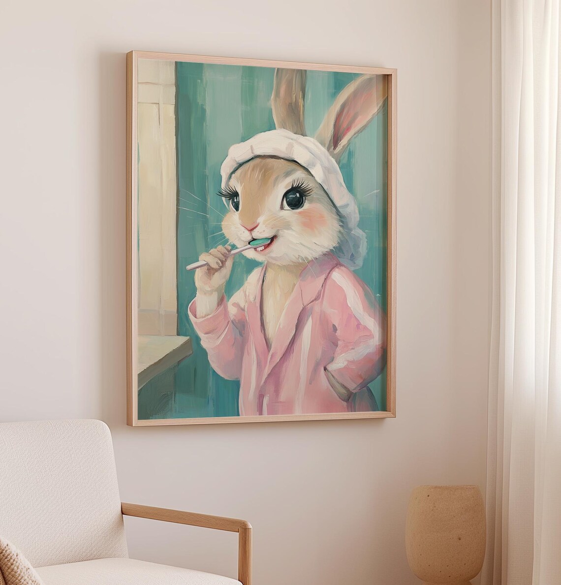 Cute Bunny Brushing Teeth Pink Bathrobe Adorable Bathroom Animal Poster - Image 3