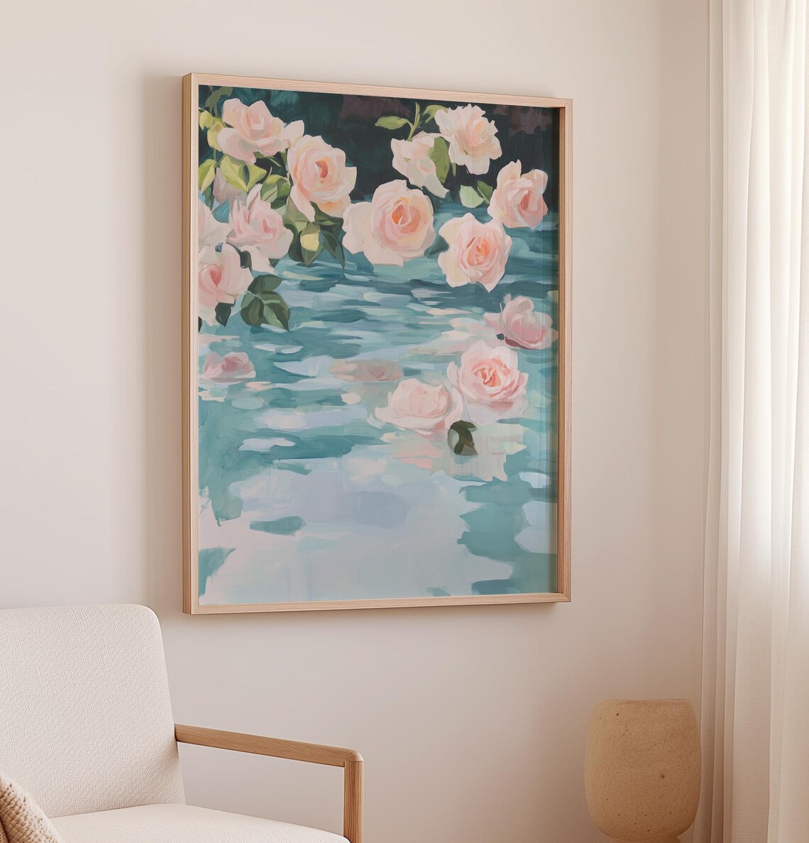 Pink Roses Lake Art Print, Spring Floral Aesthetic - Image 3