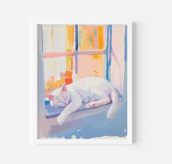 White Cat Sleeping On Sunny Windowsill Soft Spring Art Poster