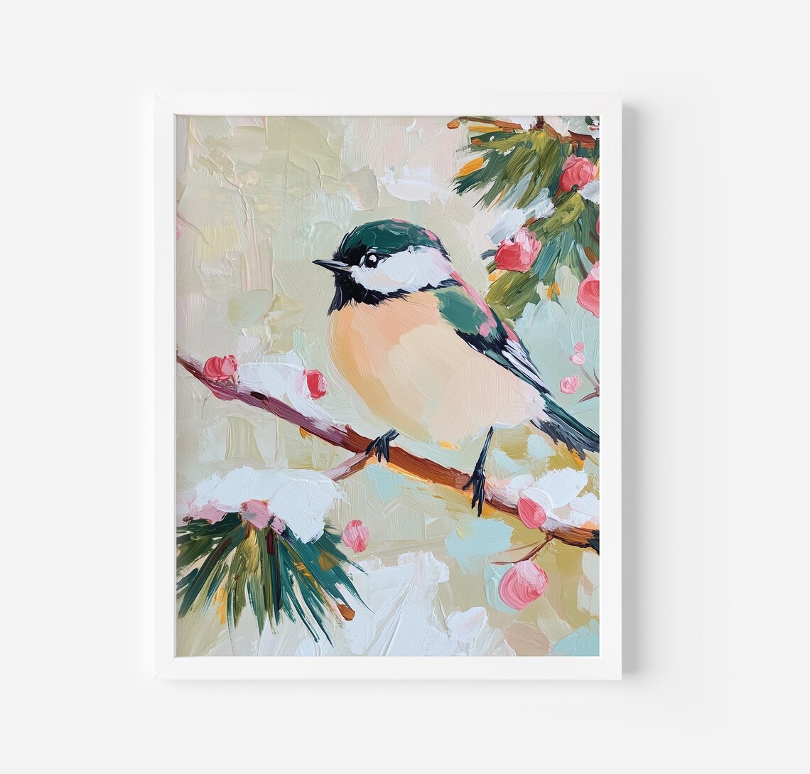 Winter Bird Berry Tree Holiday Wall Art Print