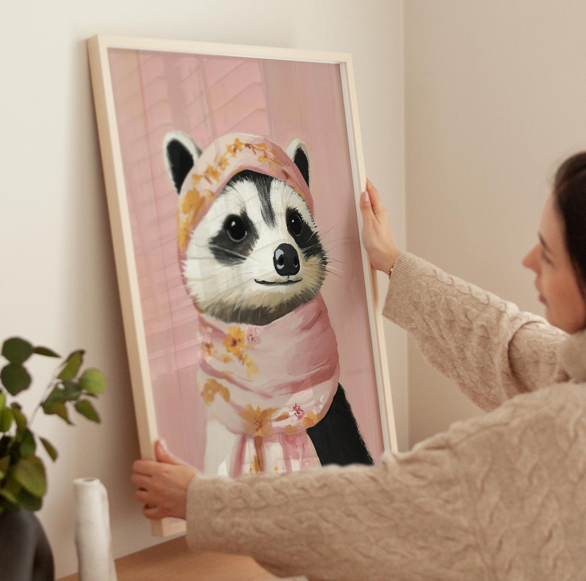 Raccoon In Pink Floral Babushka Whimsical Nursery Animal Poster - Image 3