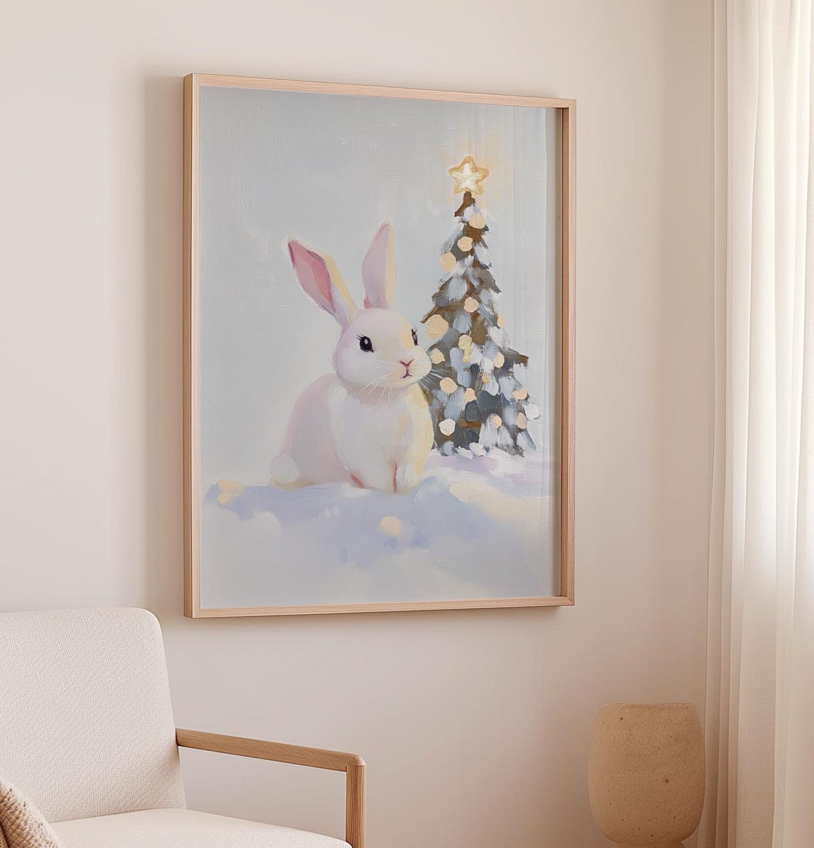 White Bunny Beside A Snowy Christmas Tree With Gold Star Poster - Image 2