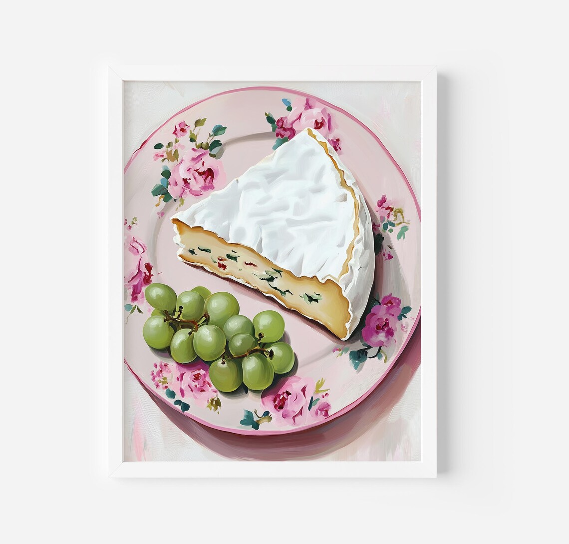 Brie Cheese Wedge Grapes Floral Plate Gourmet Still Life Wall Poster