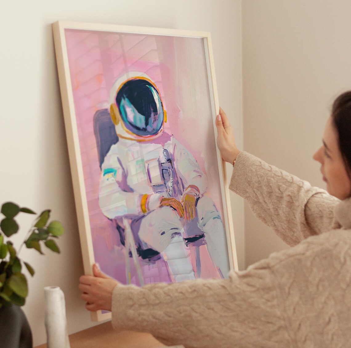 Pink Astronaut Vintage Style Art Print, Space Theme