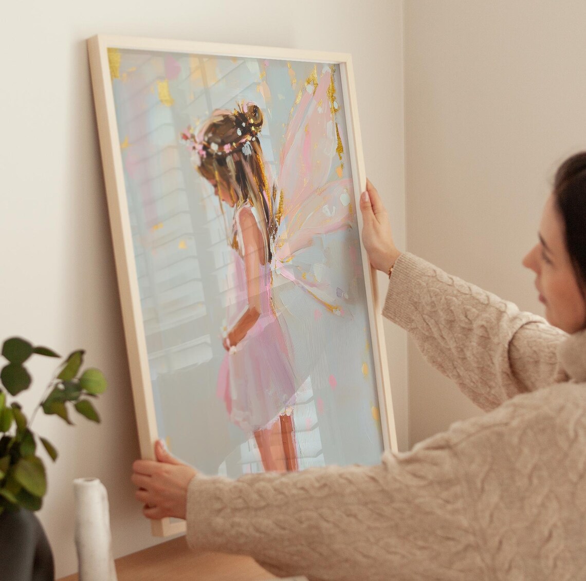 Little Fairy Girl in Pink Tulle Dress Pastel Wings Magical Nursery Poster - Image 2