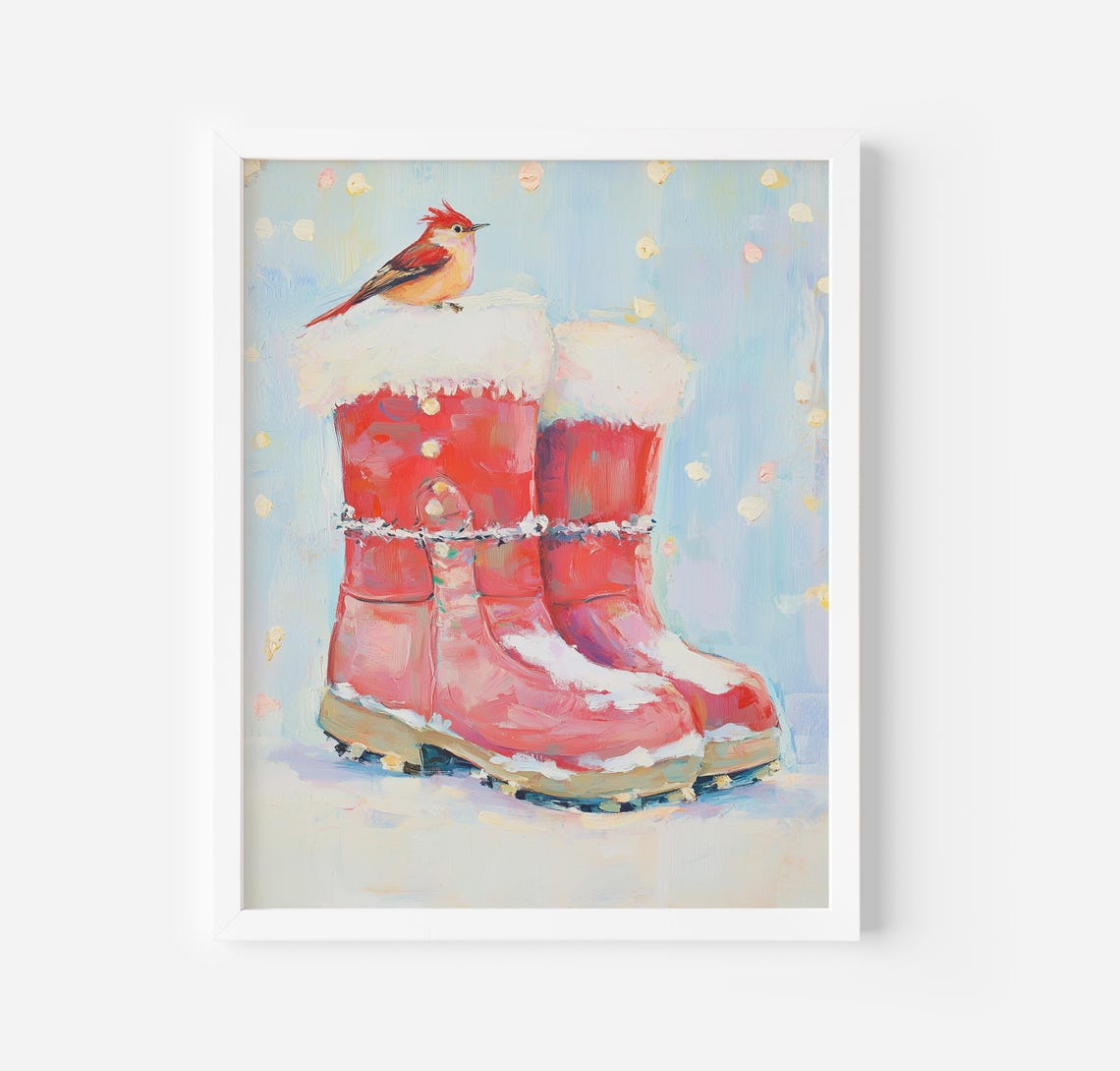 Red Snow Boots With Cardinal Bird Pastel Winter Painting Poster - Image 2