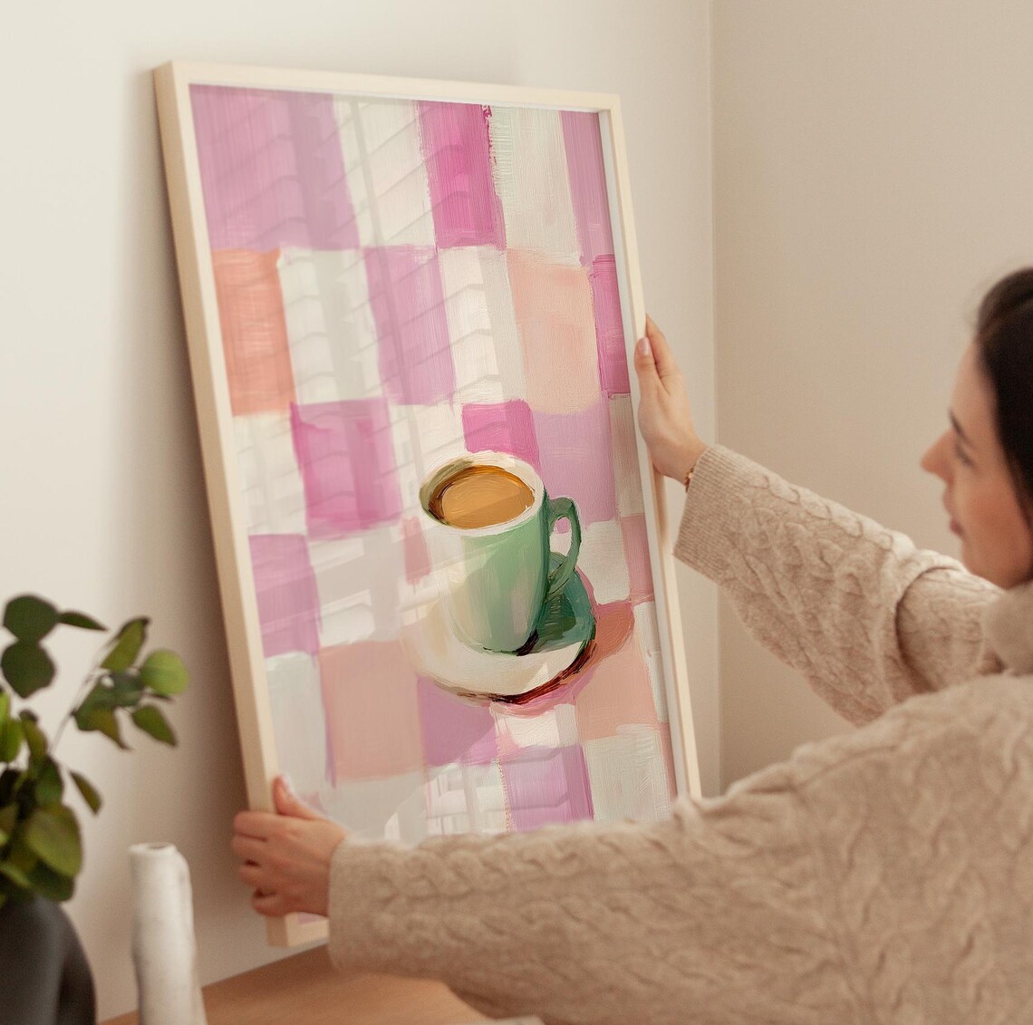 Coffee With Checkered Print, Vintage Kitchen Art - Image 2