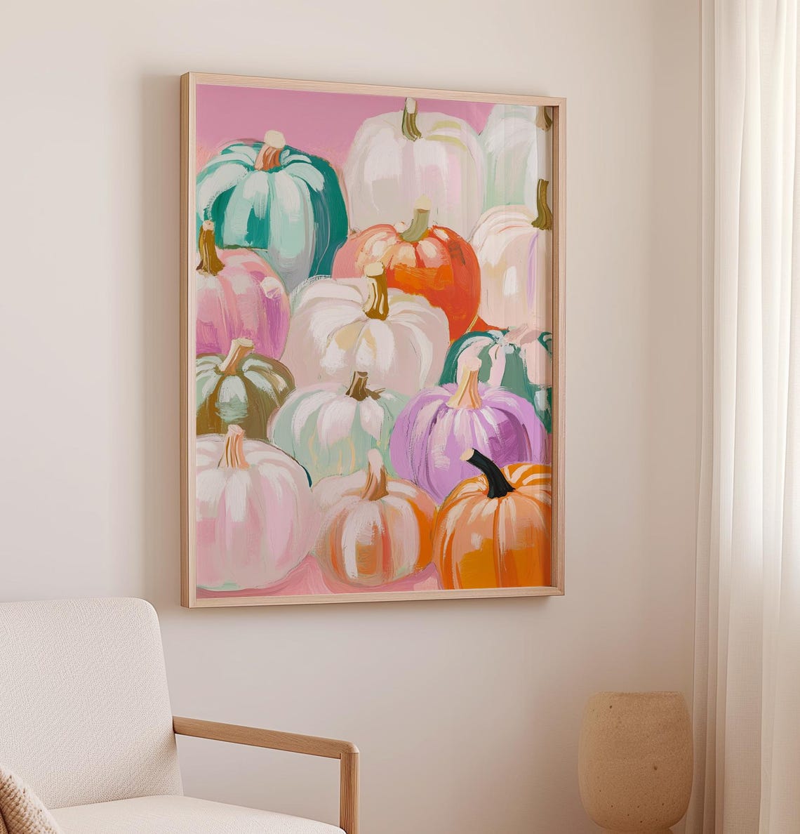 Pastel Pumpkins Patch Colorful Fall Harvest Watercolor Painting Poster - Image 2