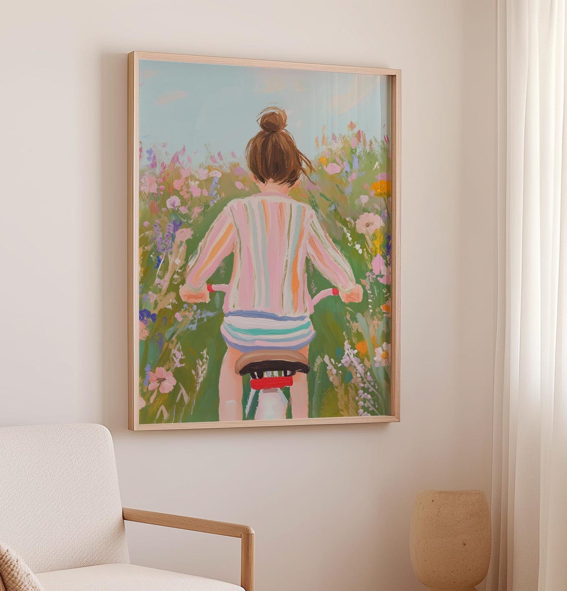 Girl Riding Bicycle Through A Wildflower Field Painting Poster - Image 2
